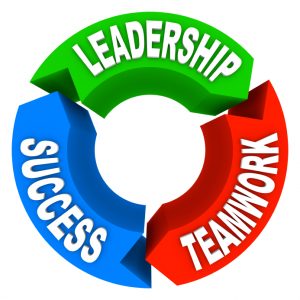 Twords Leadership Teamwork and Success on colorful arrows in a circular pattern